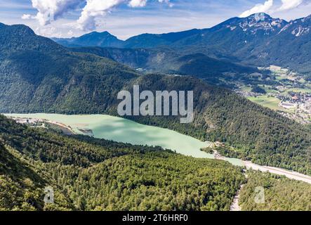 View from the gondola of Predigstuhl cable car on river Saalach and Saalachsee, near Bad Reichenhall, Berchtesgaden Alps, Bavaria, Germany, Europe Stock Photo