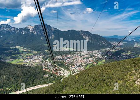 View from the gondola of the Predigstuhlbahn on Bad Reichenhall and river Saalach, in the back Hochstaufen, 1771 m, Chiemgauer Alps, Berchtesgadener Alps, Bavaria, Germany, Europe Stock Photo