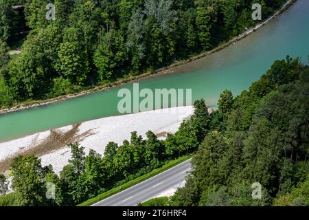 View from Predigstuhl cable car gondola on river Saalach, near Bad Reichenhall, Berchtesgaden Alps, Bavaria, Germany, Europe Stock Photo