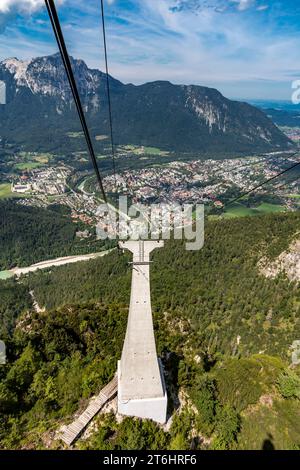 View from the gondola of the Predigstuhlbahn on Bad Reichenhall and river Saalach, in the back Hochstaufen, 1771 m, Chiemgauer Alps, Berchtesgadener Alps, Bavaria, Germany, Europe Stock Photo