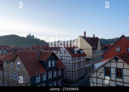 Half-timbered houses, behind Wernigerode Castle Stock Photo