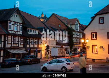 Half-timbered houses, behind them Wernigerode Castle, Saxony-Anhalt, Germany Stock Photo