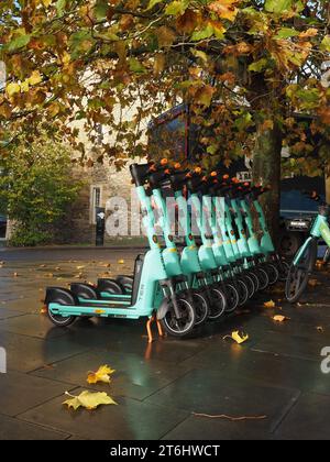 Row of bright green West scoot electric scooters operated by German company Tier in James Street West, Bath, Somerset. Stock Photo