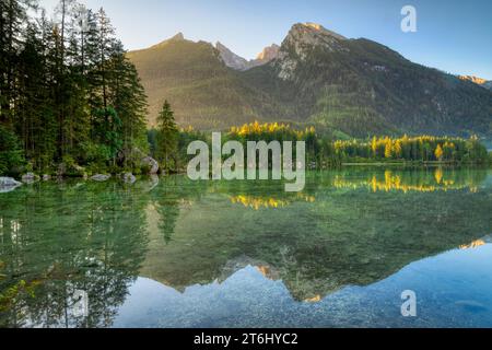 Hintersee with Hochkalter at the edge of the Berchtesgaden National Park at dawn, Ramsau, Bavaria, Germany Stock Photo