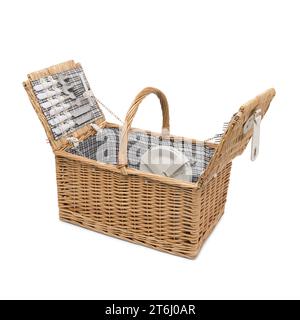 Wicker Picnic Basket Set Large Willow Hamper with Insulated Cooler Compartment, Free Waterproof Blanket and Cutlery on white background. Stock Photo