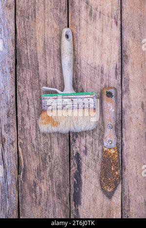Old painting tools, brushes, spatulas Stock Photo