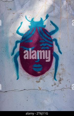 Graffiti on a wall, beetle with face Stock Photo