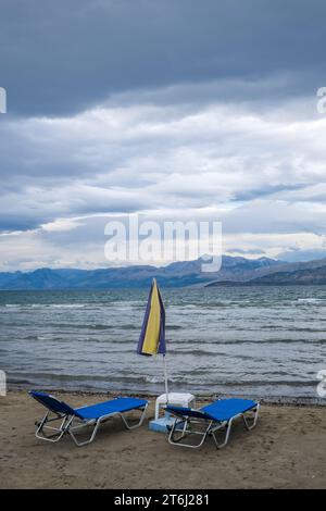 Kalamaki, Corfu, Greece, view from Kalamaki beach in the northeast of the Greek island Corfu over the Ionian Sea towards mainland Albania. Stock Photo