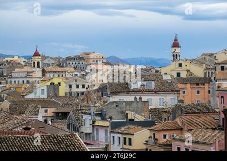 Corfu Town, Corfu, Greece, city overview Corfu Town with the Greek Orthodox Church Spiridon, in the background the mainland of Albania. Stock Photo