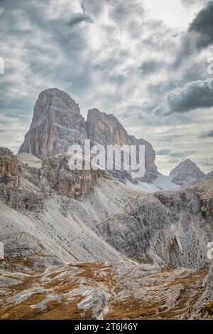 Italy, Dolomites, the Zwölferkofel / Croda dei Toni, a peak of the Sexten Dolomites on the border between the provinces of Bolzano / South Tyrol and Belluno / Veneto, as seen near Büllelejochhütte / Pian di Cengia hut Stock Photo