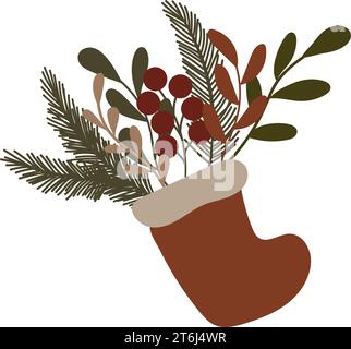Christmas sock with colorful leaves and fir branches. Vector holiday illustration. Composition for New Year's cards on a winter theme. Stock Vector