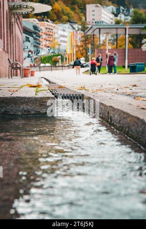 Watercourse in the historic old town during autumn, Bad Wildbad, Black Forest, Germany Stock Photo