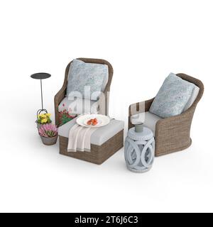 This collection of wicker furniture includes two sizes of chairs and tables, perfect for any outdoor living space Stock Photo