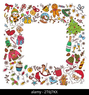 Christmas frame created from fun hand drawn coloured doodle elements. Vector doodle illustration  Stock Vector
