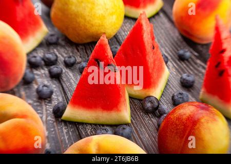 watermelon slice on wood background Stock Photo