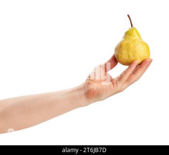 yellow pear in hand path isolated on white Stock Photo