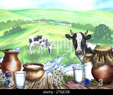 Cow and dairy products in ceramic and glassware. Against the backdrop of a rural landscape. Milk splash frame. Watercolor hand drawn illustration. For Stock Photo