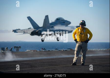 Lt. Cmdr. Charles Kollar, the training officer aboard USS Theodore Roosevelt, the Pacific Ocean on Nov. 3, 2023. Photo by Thomas Gooley Stock Photo