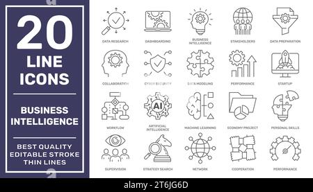 Business Intelligence related icons set. Business intelligence tools. Editable Stroke. EPS 10 Stock Vector