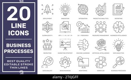 Business Processes and Smart Business. Thin line vector icon set. Pixel perfect. Editable stroke. EPS 10 Stock Vector
