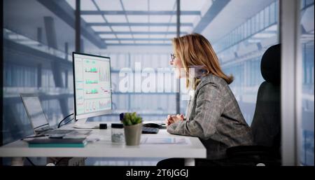 Excited Business Analyst Using Computer for Financial Data Stock Photo