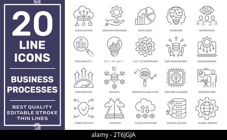 Business processes and tools. Business Intelligence and Management icons. Minimal thin line web icon set. Outline icons collection. Simple vector Stock Vector