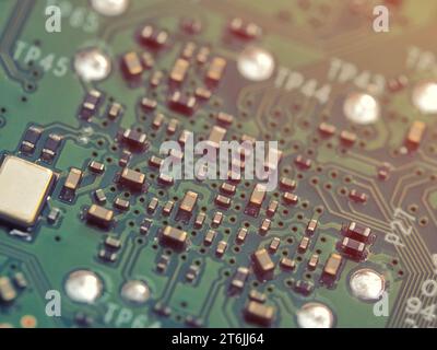 Closeup of PCB with small components on its surface. Electronics concept Stock Photo