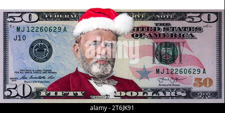 Ulysses S. Grant from US 50 dollar banknote in Santa Claus hat for design purpose Stock Photo