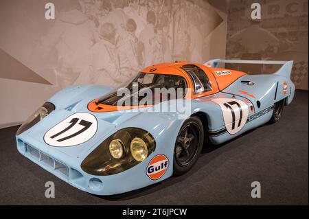 The historic Gulf Porsche 917 LH Le Mans prototype car in a museum Stock Photo