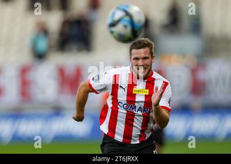 Benjamin Kallman of Cracovia Krakow seen in action during the Fortuna Polish Cup  2023/2024 football match between Cracovia Krakow and Zaglebie Lubin at Cracovia Stadium. Final score; Cracovia Krakow 1:0 Zaglebie Lubin. Stock Photo