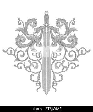 antique sword with ornament, vintage engraving drawing style illustration Stock Vector