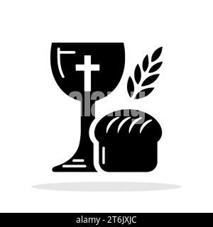 Black icon of the Chalice with a cross, an ear of corn and bread. Christian fellowship concept. Religious icon. Vector illustration. Stock Vector