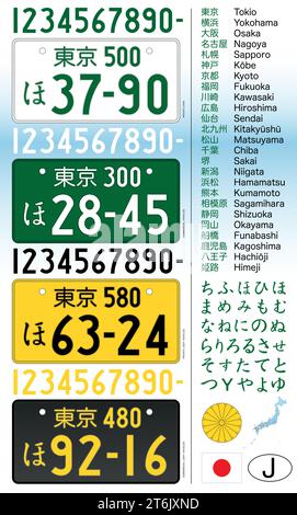 Japan car license plate style, letters, numbers and symbols, vector illustration, ASIA Stock Vector