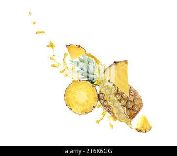 Ripe pineapple with splashing juice on white background Stock Photo