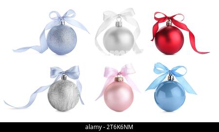 Different festive baubles with bows isolated on white, collection Stock Photo