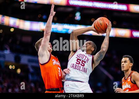 November 10, 2023: Virginia Tech Hokies guard Sean Pedulla (3) defends the shot from South Carolina Gamecocks guard Ta'Lon Cooper (55) during the first half of the ''He Gets Us'' Hall of Fame Series 2023 matchup at Spectrum Center in Charlotte, NC. (Scott Kinser/CSM) Stock Photo