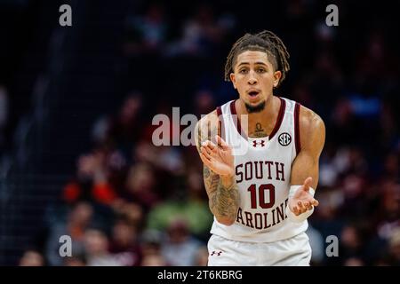 November 10, 2023: South Carolina Gamecocks guard Myles Stute (10) celebrates during the first half against the Virginia Tech Hokies in the ''He Gets Us'' Hall of Fame Series 2023 matchup at Spectrum Center in Charlotte, NC. (Scott Kinser/CSM) Stock Photo