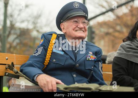 November 4, 2023 - Boise, Idaho, USA - USA Air Force Veteran, Joseph J. Katancik, serves as the grand marshal at the annual Idaho Veterans Parade, themed 70th Anniversary of the Korean War Armistice, on Nov. 4, 2023, in downtown Boise with a cheering crowd, many patriotic floats, a flyover by four UH-60 Black Hawk helicopters from the Idaho National Guardâ€™s State Aviation Group, music from the Idaho Army National Guards 25th Army Band and much more. The mission of the Veterans Day parade is to honor the services of all Armed Forces Veterans of the USA and heighten community awareness, apprec Stock Photo