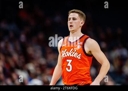 November 10, 2023: Virginia Tech Hokies guard Sean Pedulla (3) during the second half against the South Carolina Gamecocks in the ''He Gets Us'' Hall of Fame Series 2023 matchup at Spectrum Center in Charlotte, NC. (Scott Kinser/CSM) Stock Photo