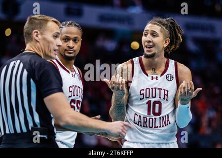 November 10, 2023: South Carolina Gamecocks guard Myles Stute (10) reacts to the call during the second half against the Virginia Tech Hokies in the ''He Gets Us'' Hall of Fame Series 2023 matchup at Spectrum Center in Charlotte, NC. (Scott Kinser/CSM) Stock Photo