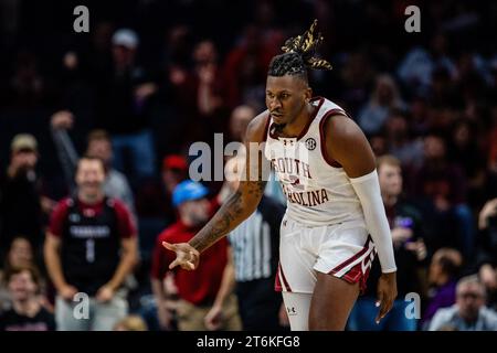 November 10, 2023: South Carolina Gamecocks forward B.J. Mack (2) celebrates a three point basket against the Virginia Tech Hokies in the ''He Gets Us'' Hall of Fame Series 2023 matchup at Spectrum Center in Charlotte, NC. (Scott Kinser/CSM) Stock Photo