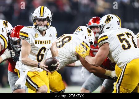 November 10, 2023: Wyoming Cowboys quarterback Andrew Peasley (6) looks to handoff the football during the first half of the college football game featuring the Wyoming Cowboys and the UNLV Rebels at Allegiant Stadium in Las Vegas, NV. Christopher Trim/CSM. (Credit Image: © Christopher Trim/Cal Sport Media) Stock Photo