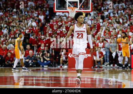 November 10, 2023: Wisconsin Badgers guard Chucky Hepburn (23) during the NCAA basketball game between the Tennessee Volunteers and the Wisconsin Badgers at the Kohl Center in Madison, WI. Darren Lee/CSM Stock Photo