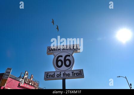 Route 66 End Of The Trail Sign in Santa Monica Pier - California, USA Stock Photo