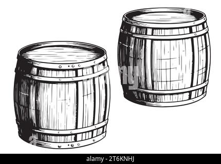 Oak wooden barrel ink illustration. Hand drawn engraving style barrel with crane . Vintage Stock Vector