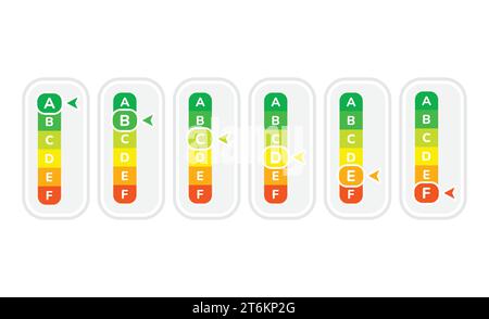 Energy class bar chart with arrow. Energy efficiency, a, b or c classification graph for appliances vector icon label set. Stock Vector