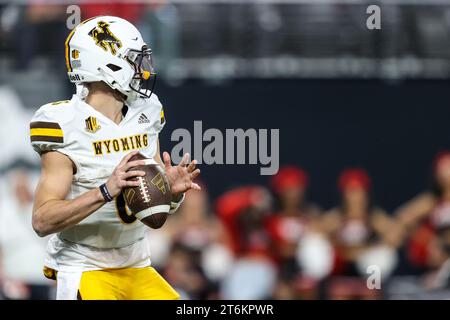 November 10, 2023: Wyoming Cowboys quarterback Andrew Peasley (6) looks to throw the football during the second half of the college football game featuring the Wyoming Cowboys and the UNLV Rebels at Allegiant Stadium in Las Vegas, NV. Christopher Trim/CSM. (Credit Image: © Christopher Trim/Cal Sport Media) Stock Photo