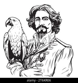 Sea man or pirate with a parrot on his shoulder. Coloring page and colorful clipart character. design for t shirt print, icon, logo, label, patch or sticker. Vector illustration. Stock Vector