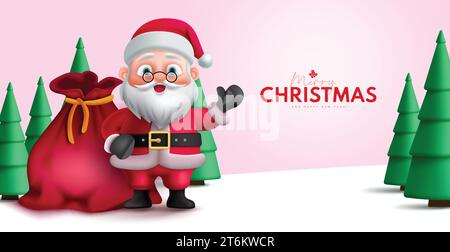 Christmas santa claus character vector design. Merry christmas greeting text with santa claus character standing and waving in winter outdoor Stock Vector