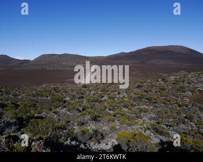 on top of the plaine des sables, to the Fournaise volcano, Reunion island. Volcanic plateau, barren landscape in la Réunion, Mascarene islands. Stock Photo